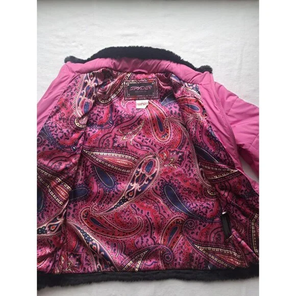 Spyder Women's Midweight Pink Jacket with Black Fur Trim Size 10 - Picture 8 of 11
